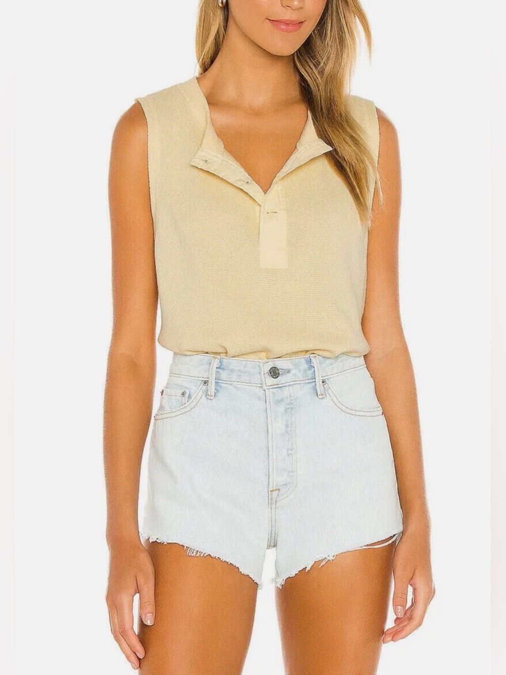 Free People Butter Yellow Sunlight Peek Aye Henley Sleeveless Bodysuit Large